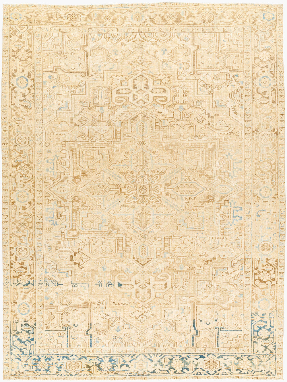 Antique Turkish hand-knotted rug in beige, 8'1" x 10'8", full view
