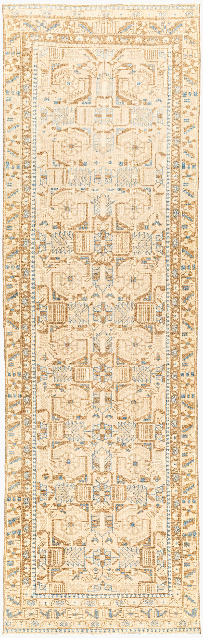 Antique Turkish hand-knotted rug in ivory, 3'6" x 9'9", full view