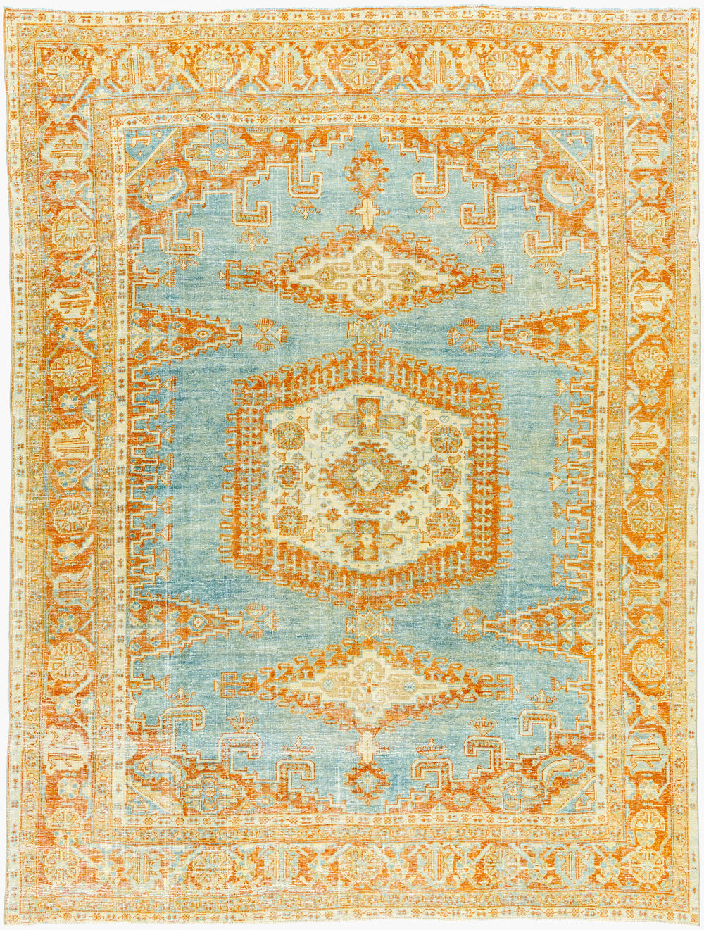 Antique Turkish hand-knotted rug in sky blue, 8'2" x 10'10", full view