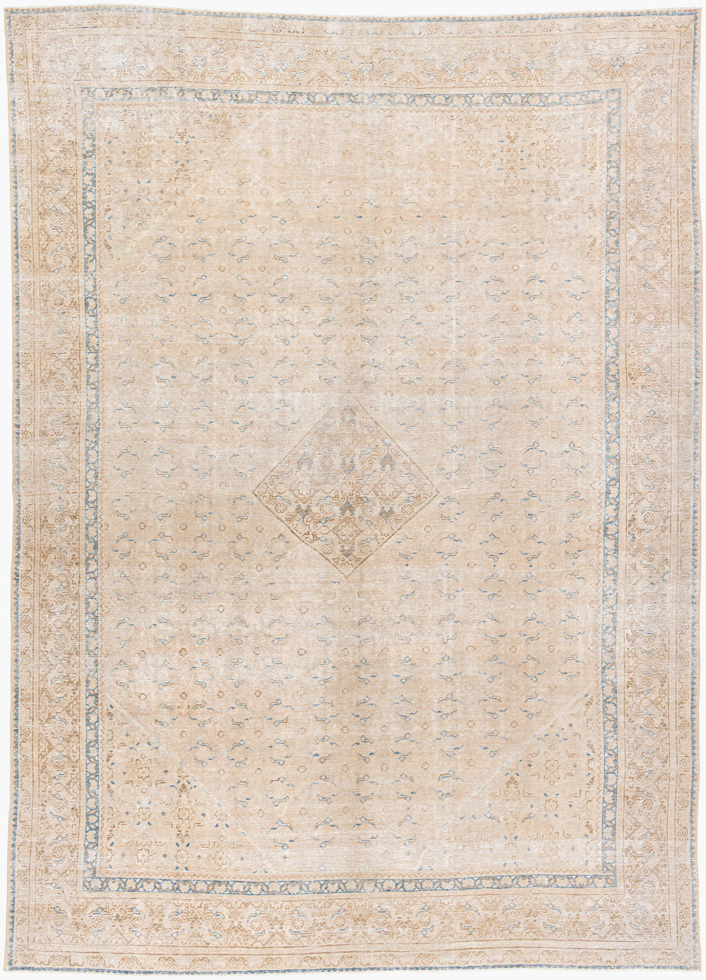 Antique Turkish hand-knotted rug in beige, 9'2" x 12'8", full view