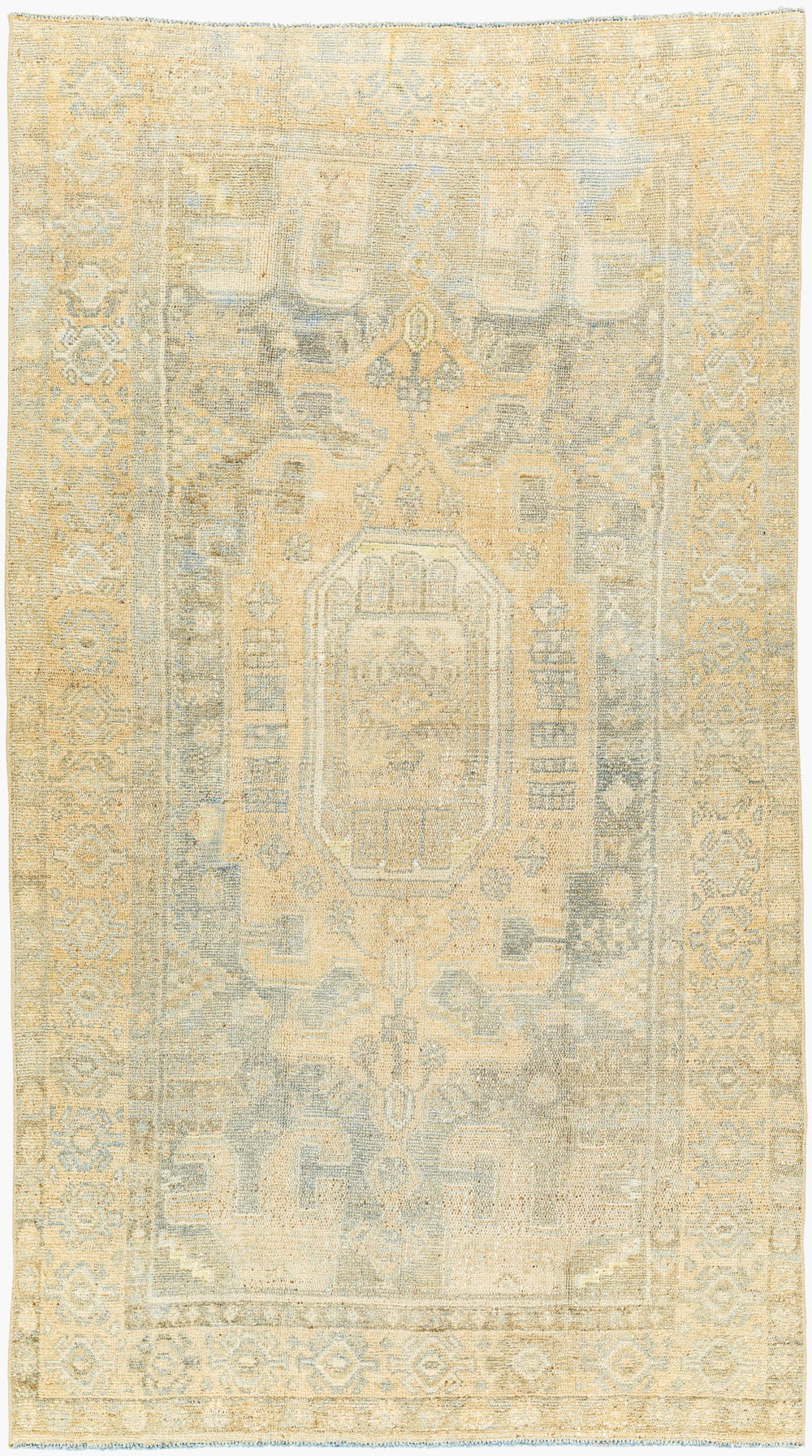 Antique Turkish hand-knotted rug in pale gold, 3'9" x 6'9", full view
