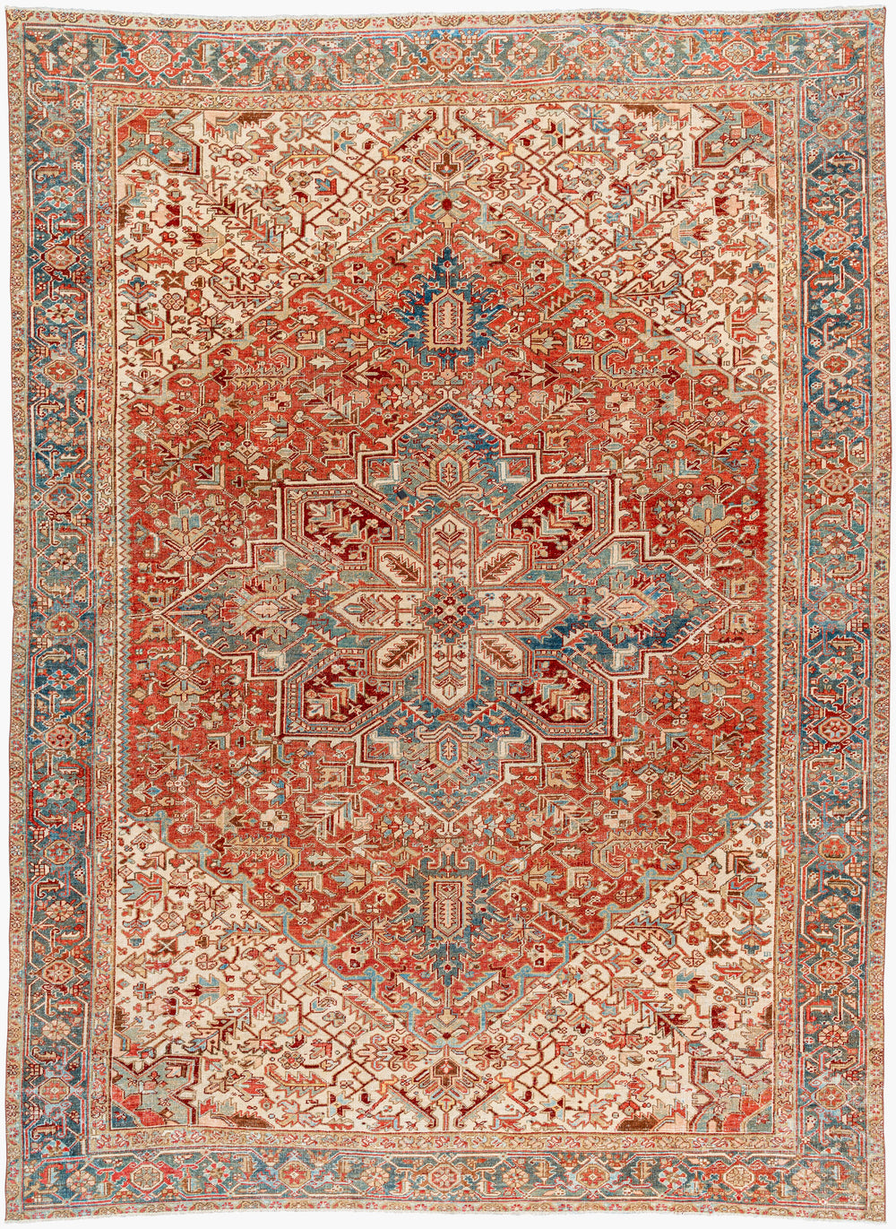 Antique Turkish hand-knotted rug in rust, 9'4" x 12'6", full view