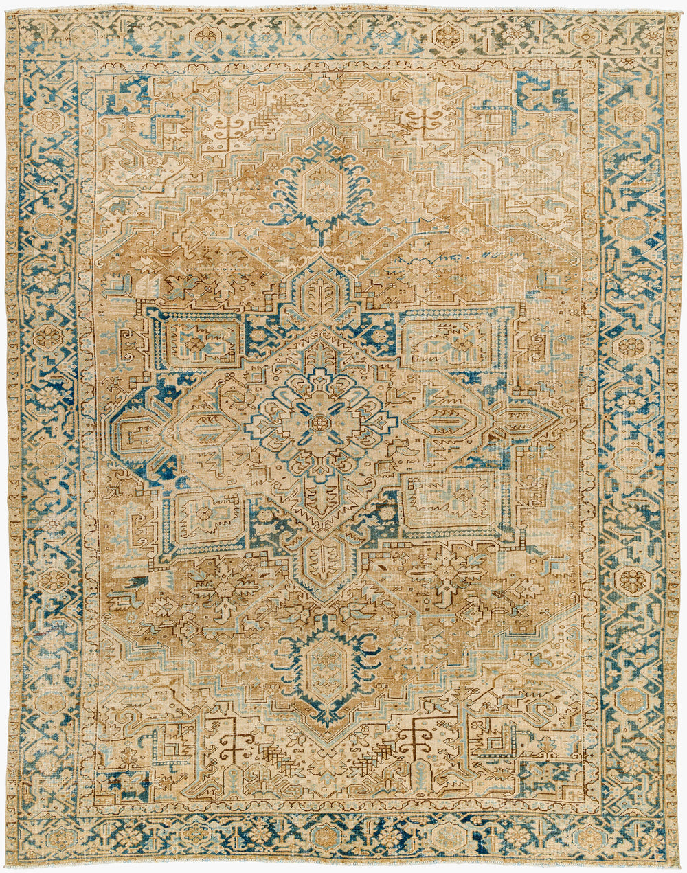 Antique Turkish hand-knotted rug in beige, 8'5" x 10'7", full view