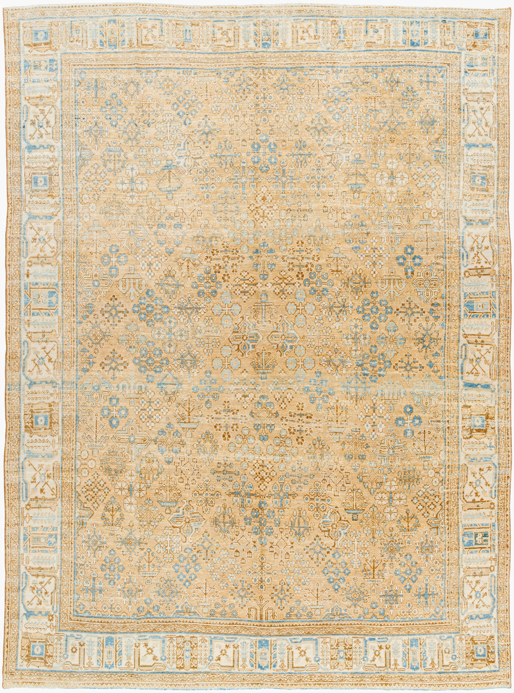 Antique Turkish hand-knotted rug in beige, 7'1" x 10'8", full view