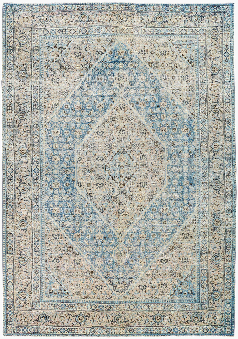 Antique Turkish hand-knotted rug in powder blue, 7'9" x 11'2", full view