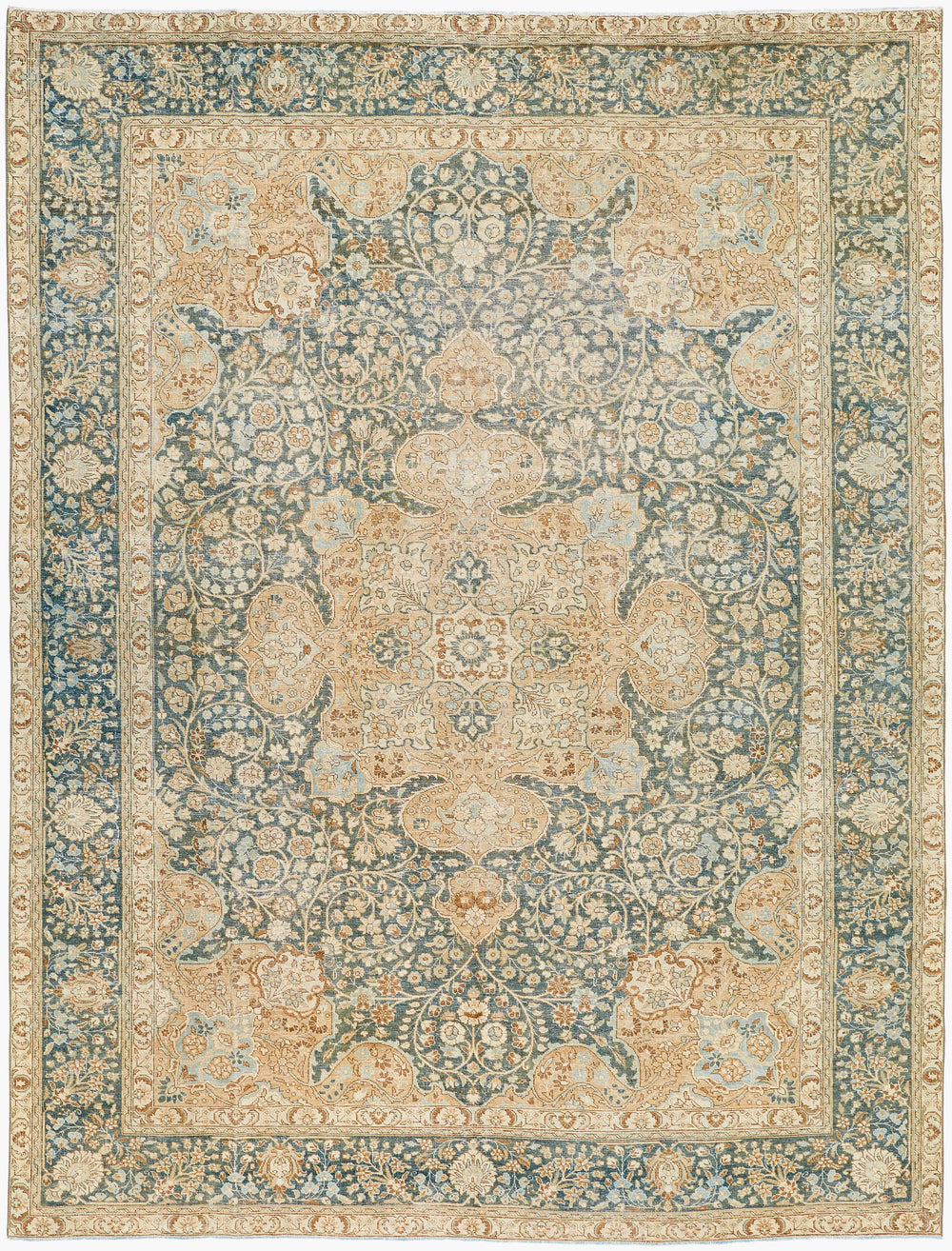 Antique Turkish hand-knotted rug in sage, 9'1" x 12', full view