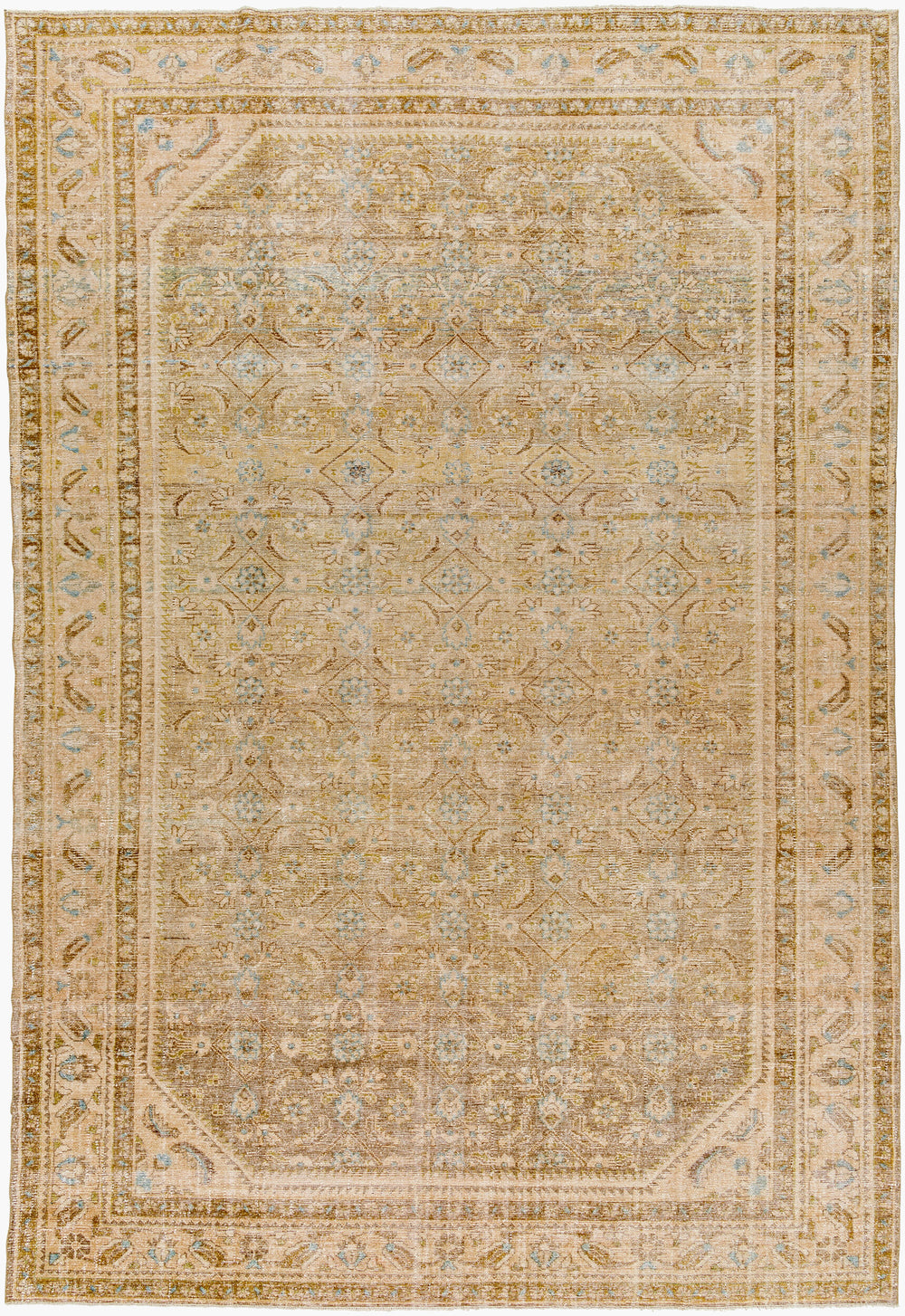 Antique Turkish hand-knotted rug in golden beige, 7'5" x 11'1", full view