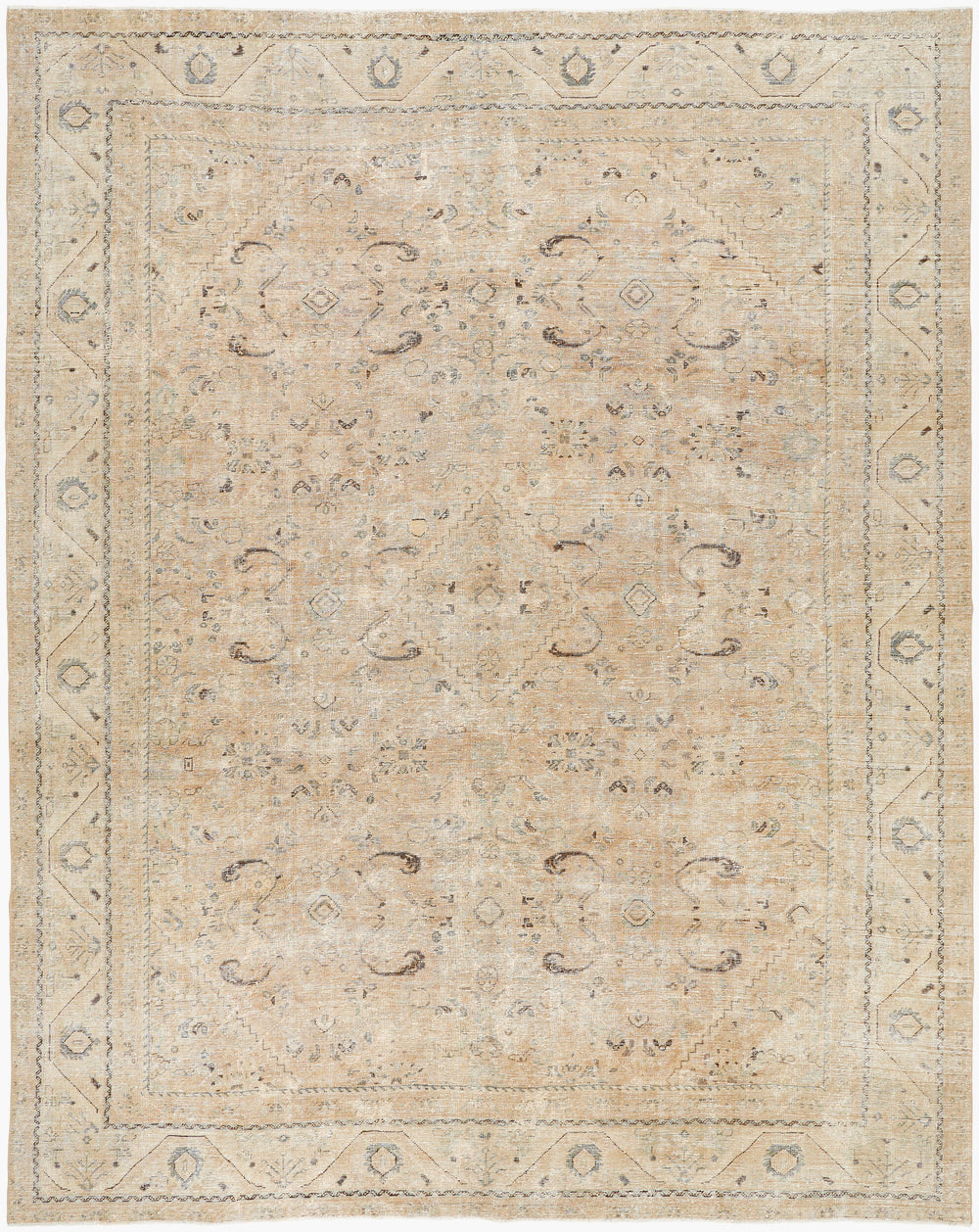 Antique Turkish hand-knotted rug in beige, 10'2" x 12'8", full view