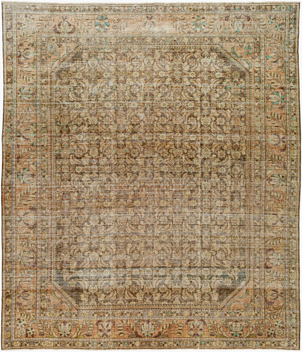 Antique Turkish hand-knotted rug in taupe, 9'7" x 11'6", full view