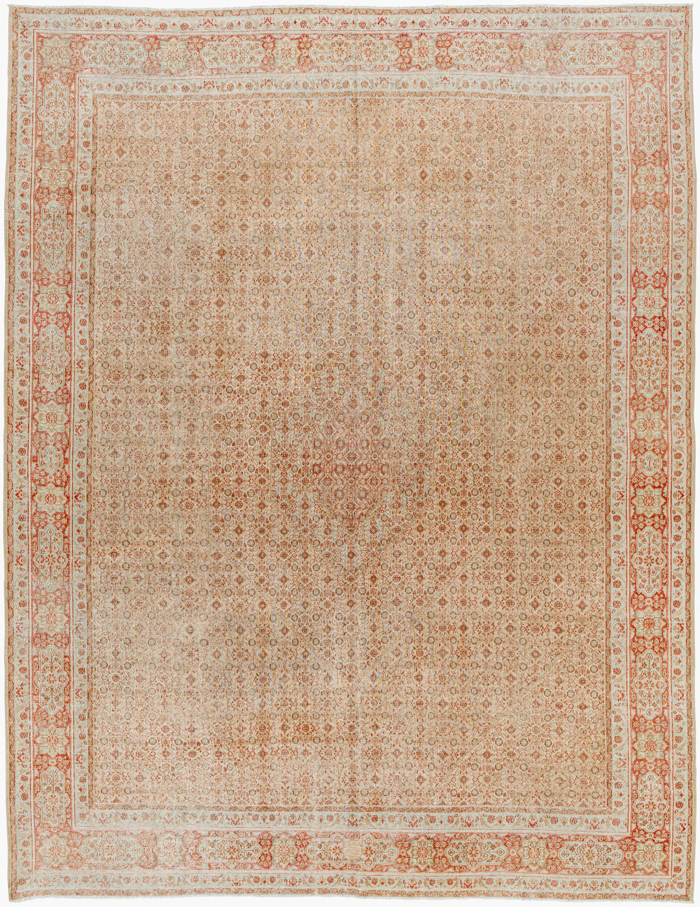 Antique Turkish hand-knotted rug in beige, 10'1" x 12'8", full view