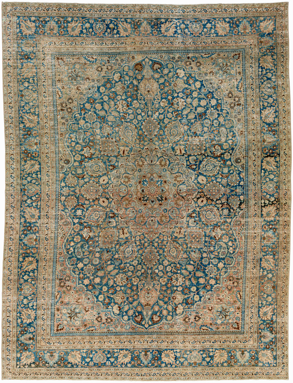 Antique Turkish hand-knotted rug in sky blue, 9' x 12'10", full view