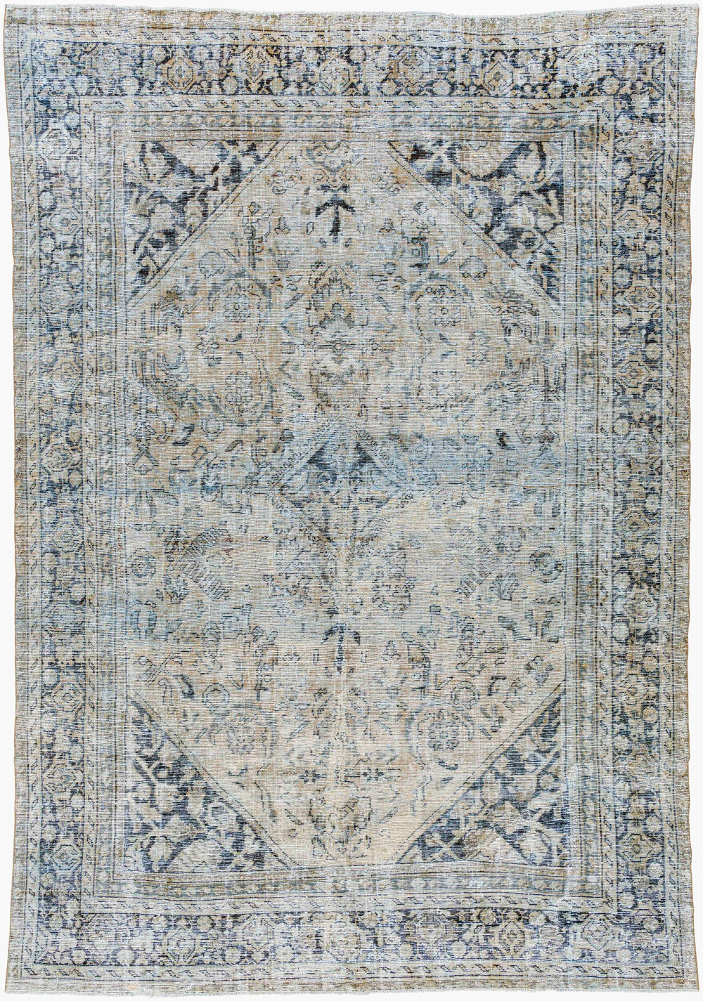 Antique Turkish hand-knotted rug in slate blue, 8'2" x 11'9", full view