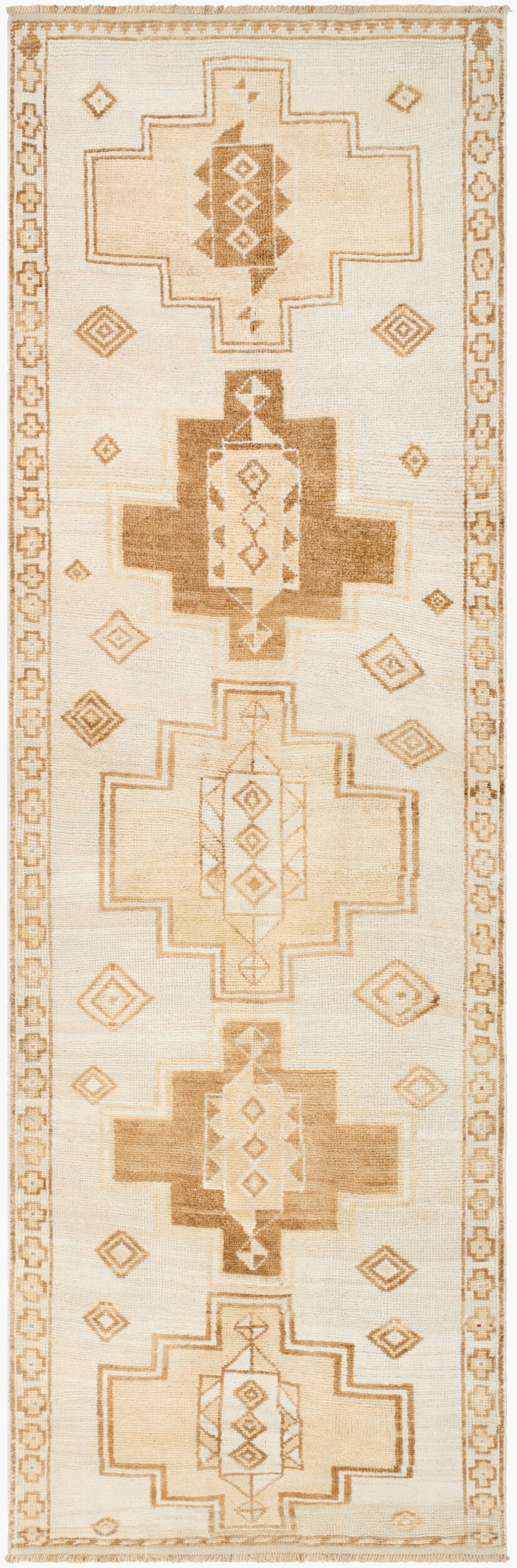 Antique Turkish hand-knotted rug in ecru, 3'6" x 11'1", full view