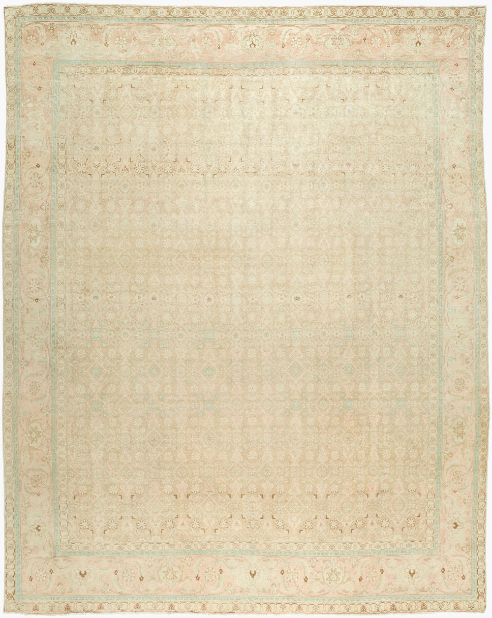Antique hand-knotted rug in beige, 10' x 12'5", full view