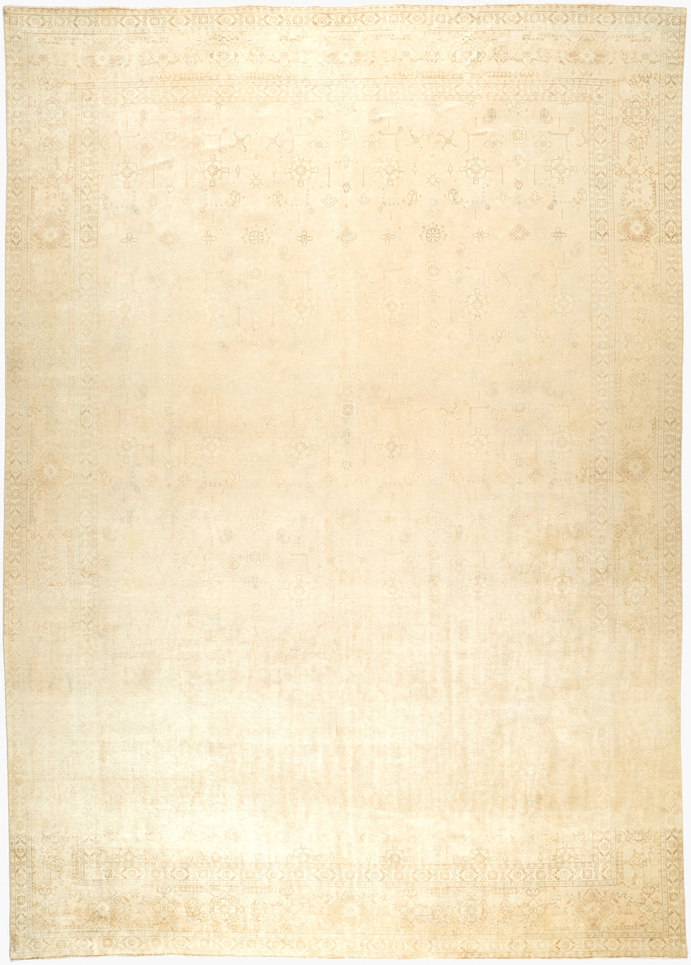 Antique hand-knotted rug in ivory, 11' x 15'5", full view