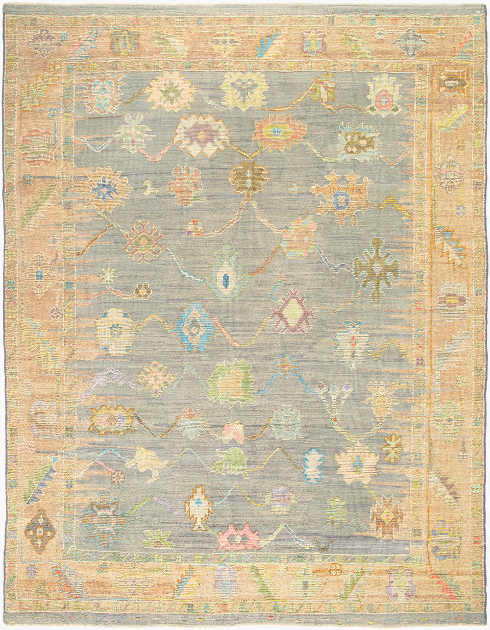 Antique hand-knotted rug in slate grey, 9'1" x 11'7", full view