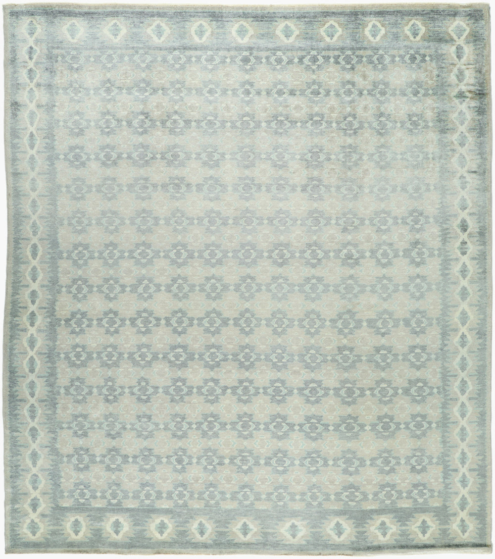 Antique hand-knotted rug in powder blue, 10'7" x 11'11", full view