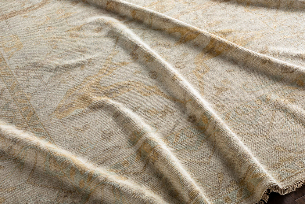 Antique Hand Knotted Rug ATQ-1000 in Light Sage, styled in a room