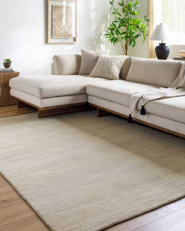 Astana Hand Knotted Rug ATT-2300 in Beige, styled in a room