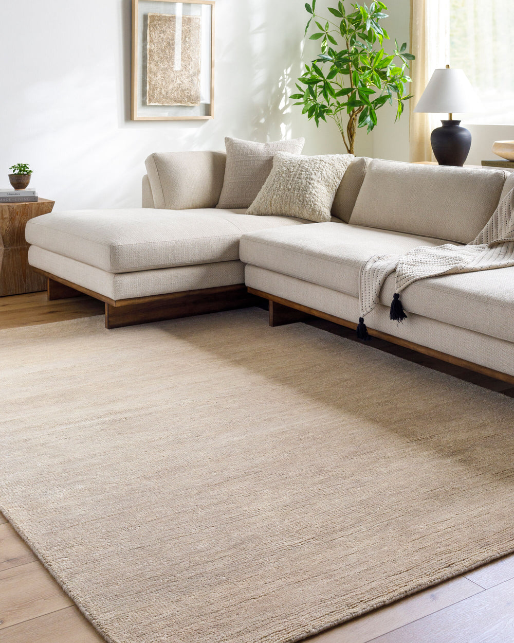 Astana Hand Knotted Rug ATT-2301 in Beige, styled in a room