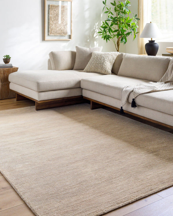 Astana Hand Knotted Rug ATT-2301 in Beige, styled in a room