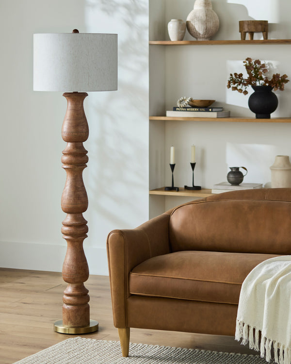 Alvimare Accent Floor Lamp in dark brown, styled in a room