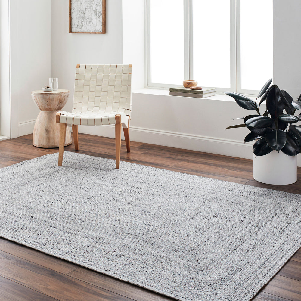 Azalea Hand Woven Rug AZA-2323 in Light Slate, styled in a room