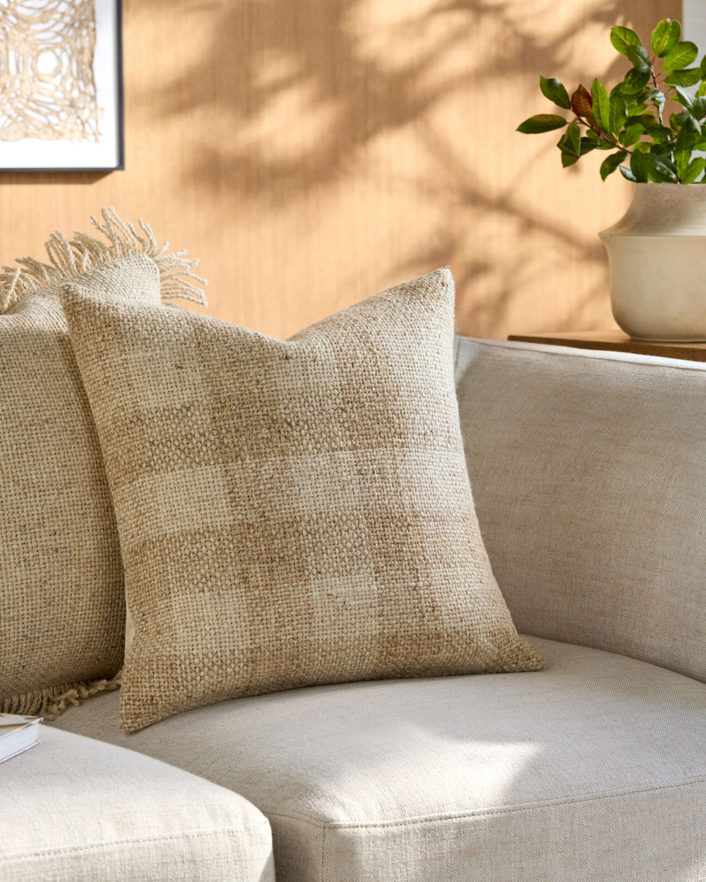 Ladera Accent Pillow BOLR-003 in Beige, styled in a room