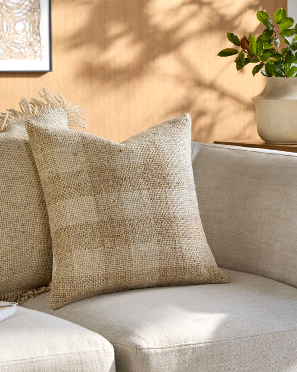 Ladera Accent Pillow BOLR-003 in Beige, styled in a room