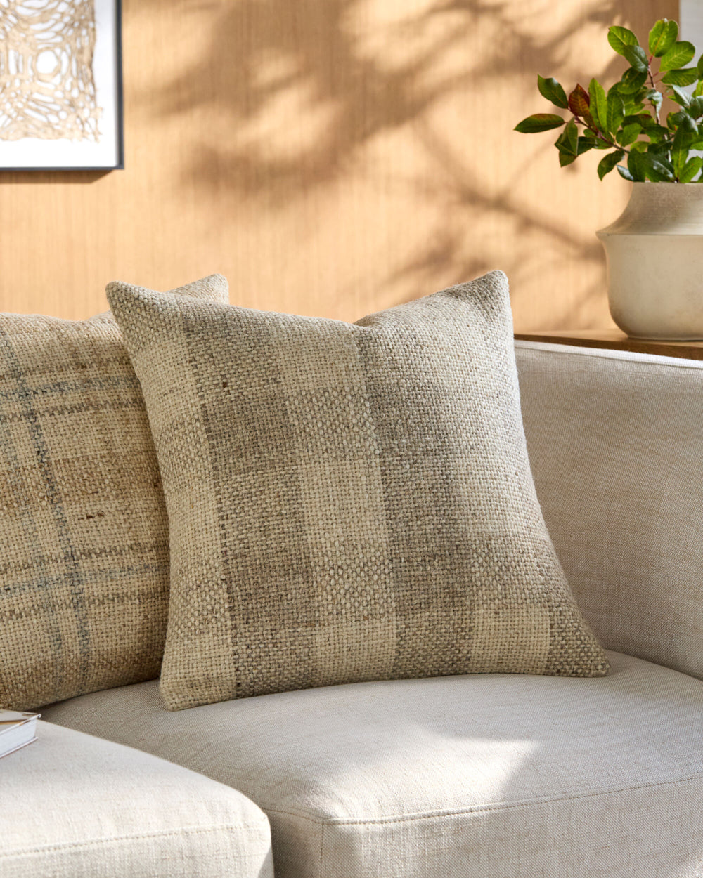 Ladera Accent Pillow BOLR-005 in Taupe, styled in a room