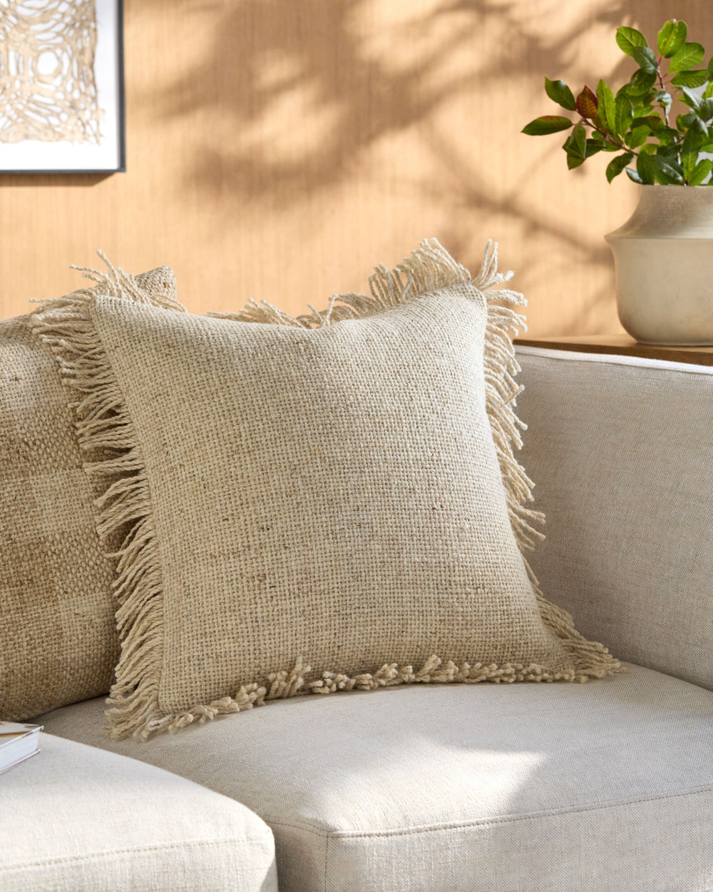 Marisol Accent Pillow BOMI-001 in Beige, styled in a room