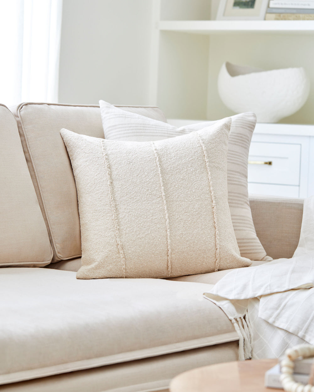 Mindy Accent Pillow BOMY-003 in Ivory, styled in a room