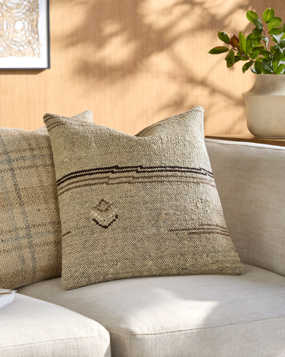 Solea Accent Pillow BOSE-003 in Beige, styled in a room