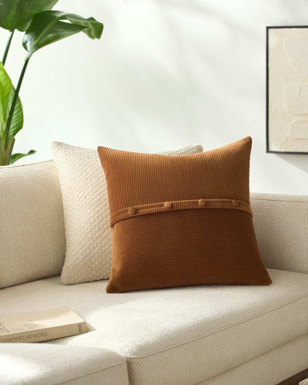 Corduroy Quarters Accent Pillow CDQ-016 in Burnt Sienna, styled in a room