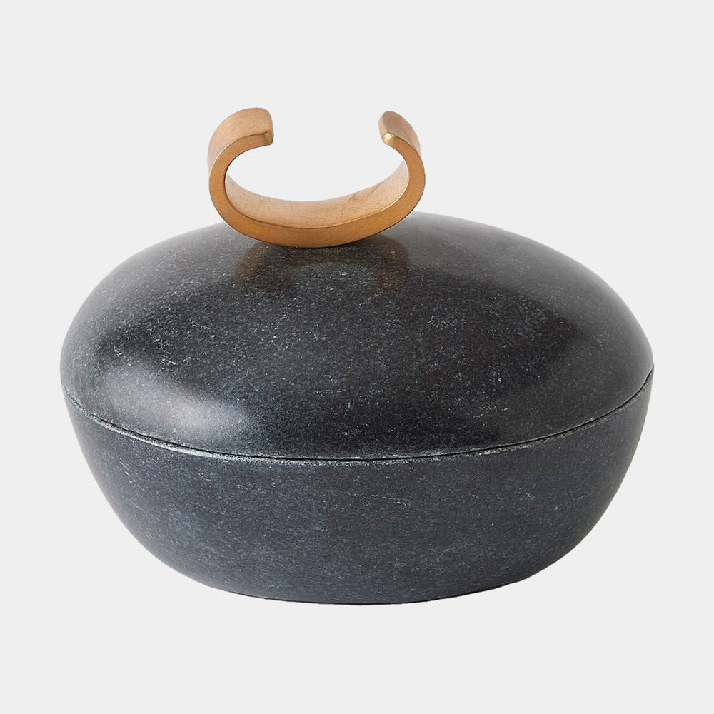 Caillou Lidded Pot in Black Marble, oval size, product view