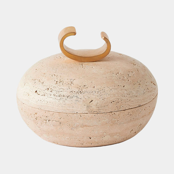 Caillou Lidded Pot in Travertine, oval size, product view