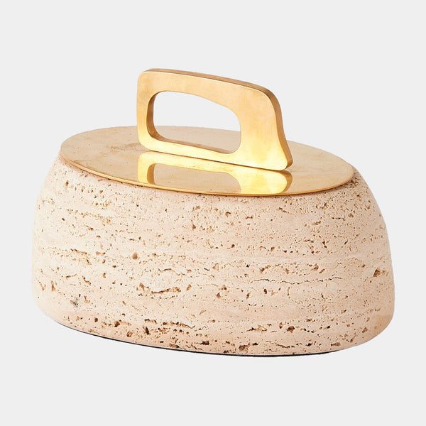 Bocal Lidded Pot in Travertine, rectangle size, product view