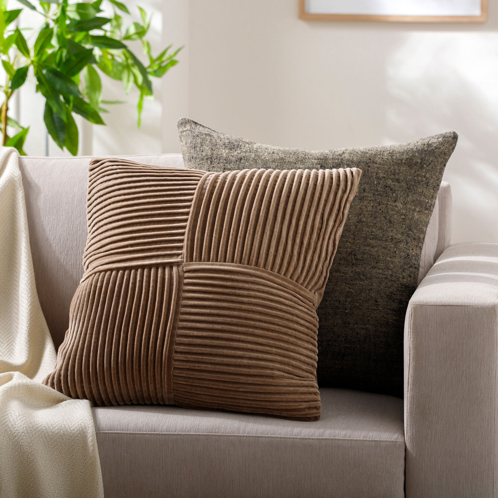Conrad Accent Pillow CRN-009 in Taupe, styled in a room