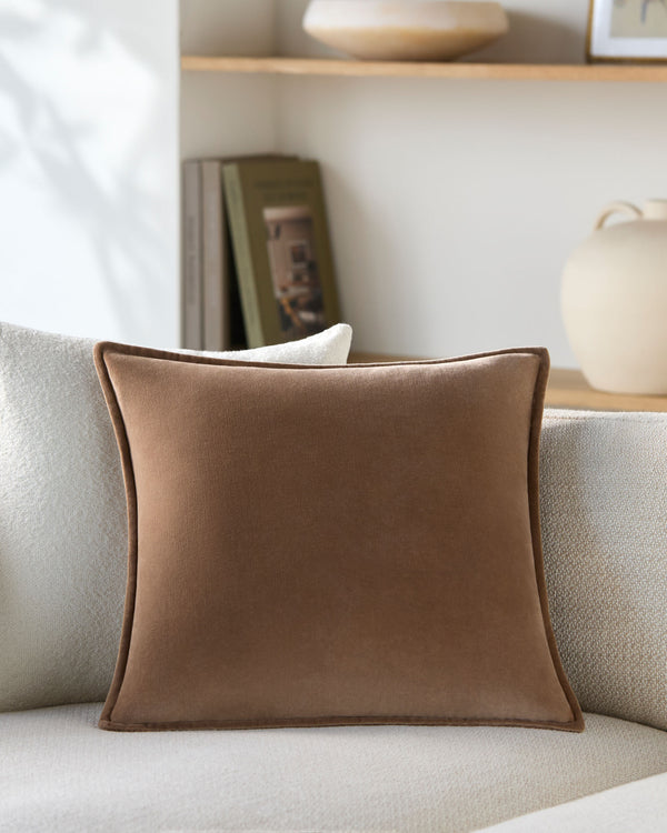 Cotton Velvet Accent Pillow CV-100 in Camel, styled in a room