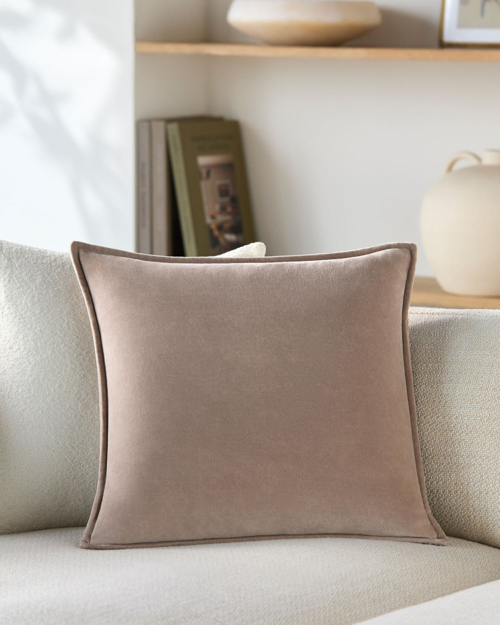 Cotton Velvet Accent Pillow CV-102 in Beige, styled in a room