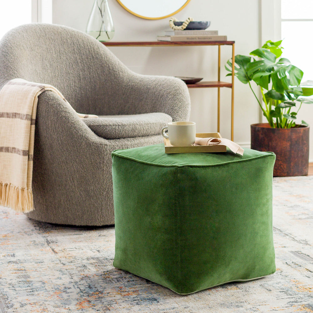 Cotton Velvet Pouf CVPF-018 in Forest Green, styled in a room