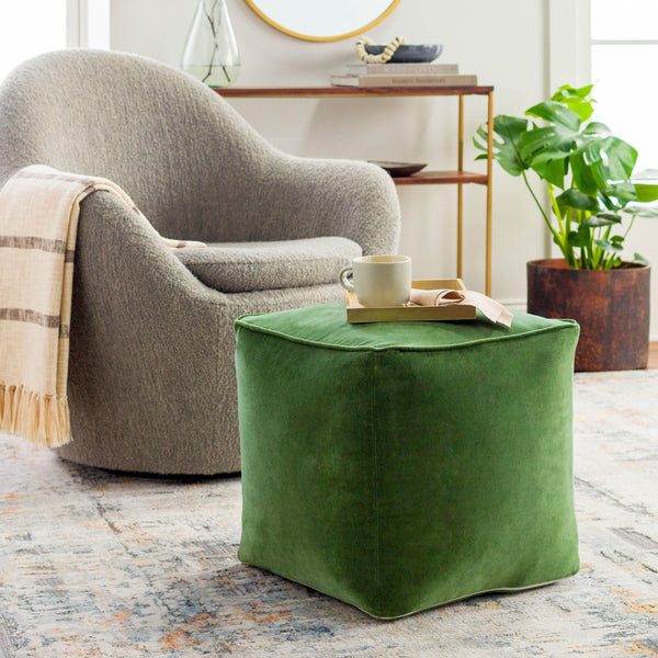 Cotton Velvet Pouf CVPF-018 in Forest Green, styled in a room