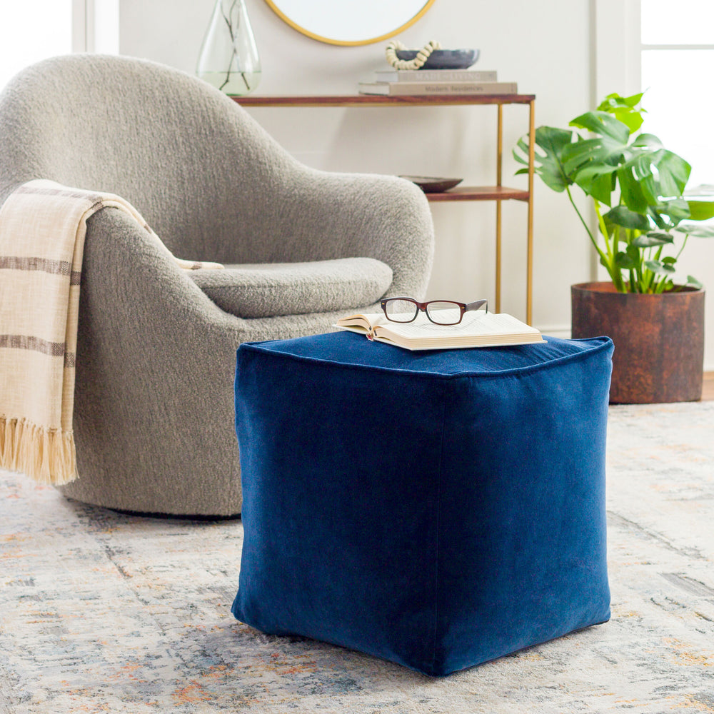 Cotton Velvet Pouf CVPF-019 in Midnight Blue, styled in a room