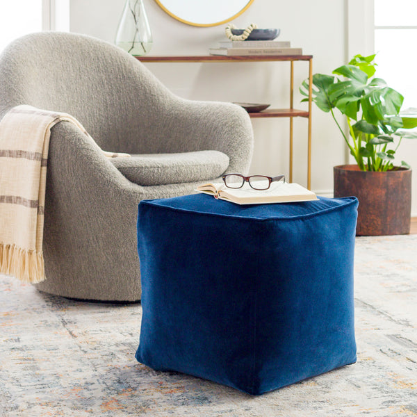 Cotton Velvet Pouf CVPF-019 in Midnight Blue, styled in a room