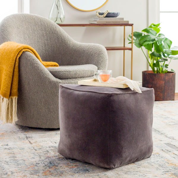 Cotton Velvet Pouf in grey, styled in a room