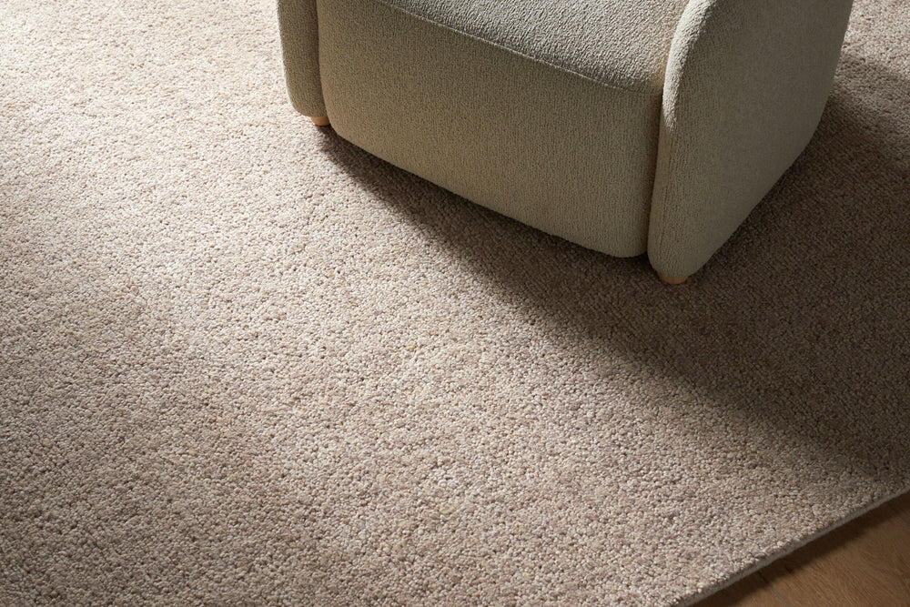 Davala Hand Knotted Rug DVL-2302 in Beige, styled in a room