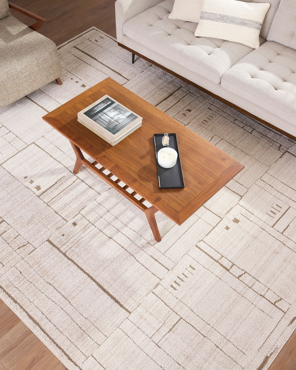 Alma Machine Woven Rug EDAL-2300 in Taupe, styled in a room