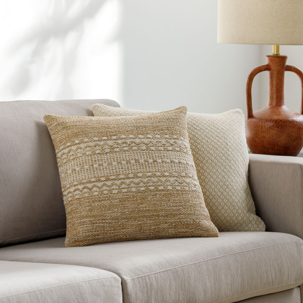 Ethan Accent Pillow EHN-002 in Tan, styled in a room