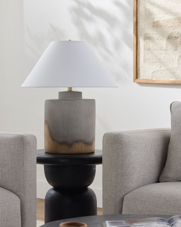 Furbara Accent Table Lamp in grey, styled in a room