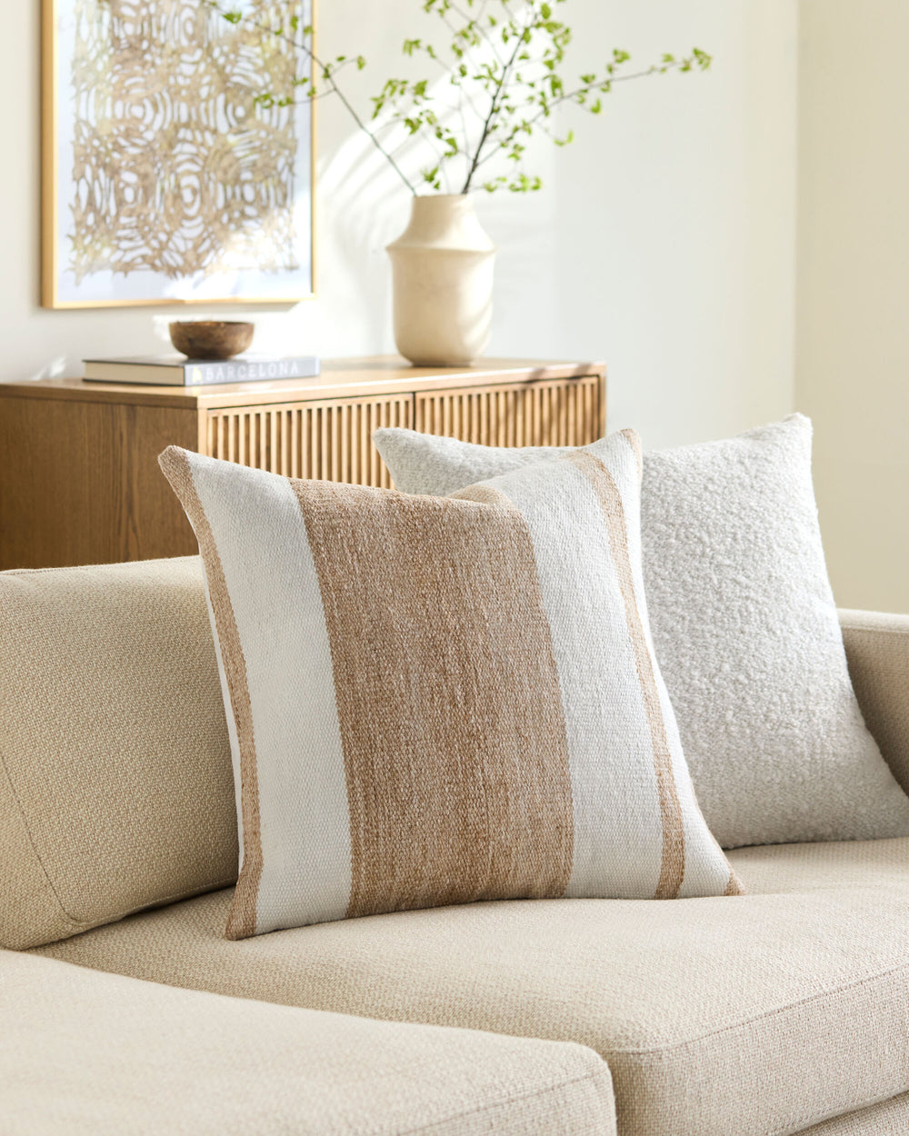 Katalina Accent Pillow GAKL-002 in Camel, styled in a room